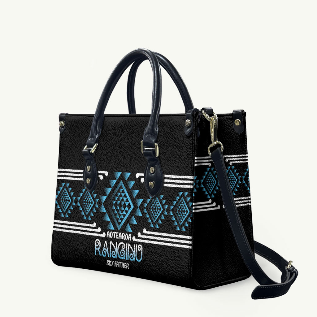 Aotearoa Atua Ranginui Leather Bag Maori Sky Father Taniko Motifs LT14 Blue - Polynesian Pride