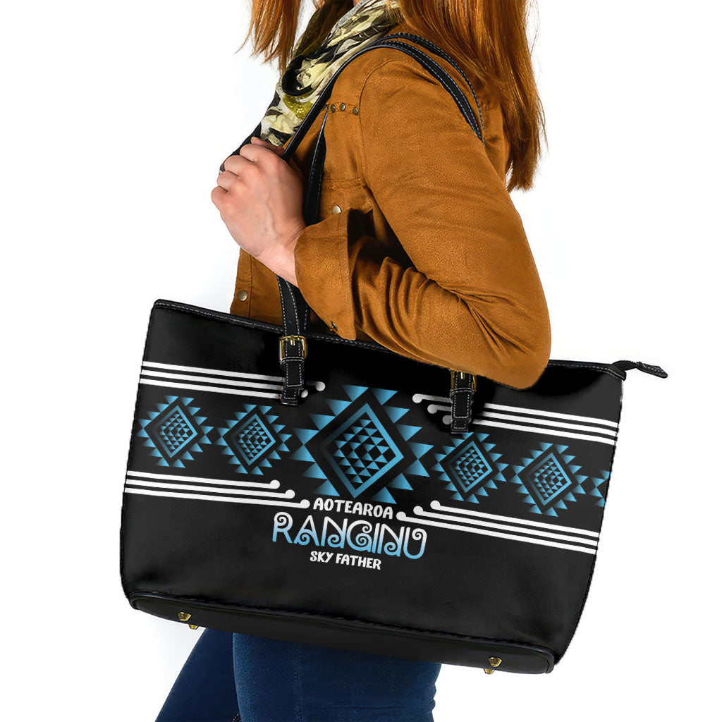 Aotearoa Atua Ranginui Leather Tote Bag Maori Sky Father Taniko Motifs LT14 Blue - Polynesian Pride