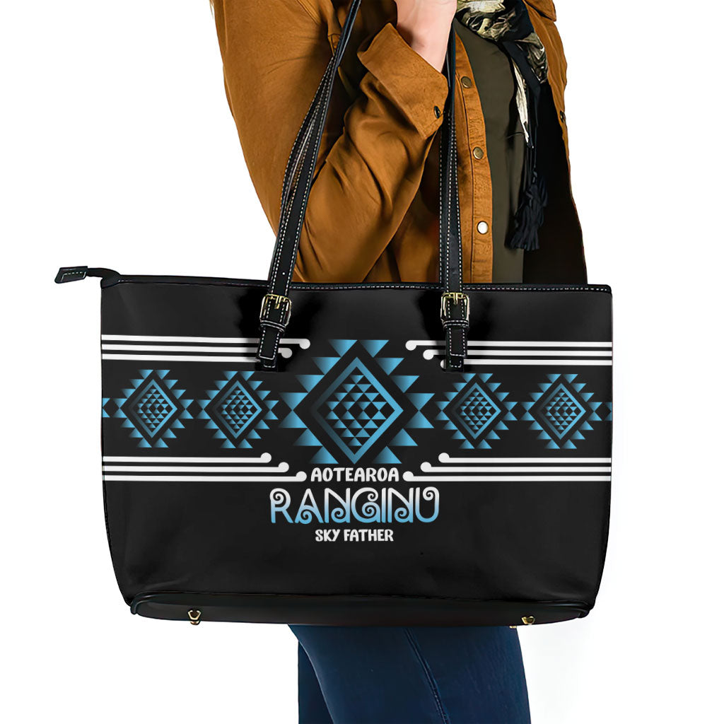 Aotearoa Atua Ranginui Leather Tote Bag Maori Sky Father Taniko Motifs LT14 - Polynesian Pride
