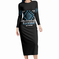Aotearoa Atua Ranginui Personalised Long Sleeve Bodycon Dress Maori Sky Father Taniko Motifs LT14 Long Dress Blue - Polynesian Pride