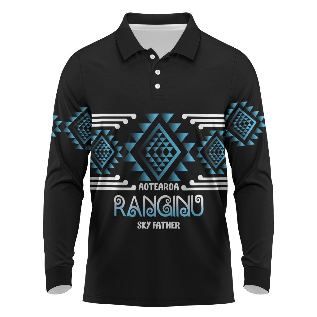 Aotearoa Atua Ranginui Personalised Long Sleeve Polo Shirt Maori Sky Father Taniko Motifs LT14 Blue - Polynesian Pride
