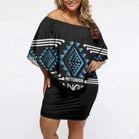 Aotearoa Atua Ranginui Personalised Off Shoulder Short Dress Maori Sky Father Taniko Motifs LT14 Women Blue - Polynesian Pride