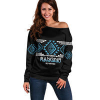 Aotearoa Atua Ranginui Personalised Off Shoulder Sweater Maori Sky Father Taniko Motifs LT14 Women Blue - Polynesian Pride