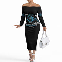 Aotearoa Atua Ranginui Personalised Off The Shoulder Long Sleeve Dress Maori Sky Father Taniko Motifs LT14 Women Blue - Polynesian Pride