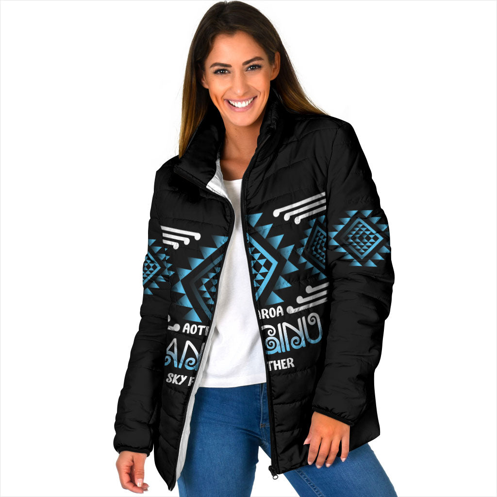 Aotearoa Atua Ranginui Personalised Padded Jacket Maori Sky Father Taniko Motifs LT14 Women Blue - Polynesian Pride