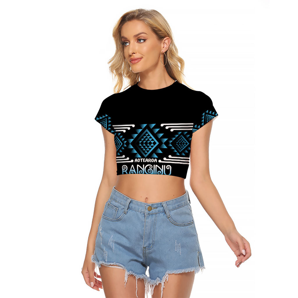 Aotearoa Atua Ranginui Personalised Raglan Cropped T Shirt Maori Sky Father Taniko Motifs LT14 Female Blue - Polynesian Pride