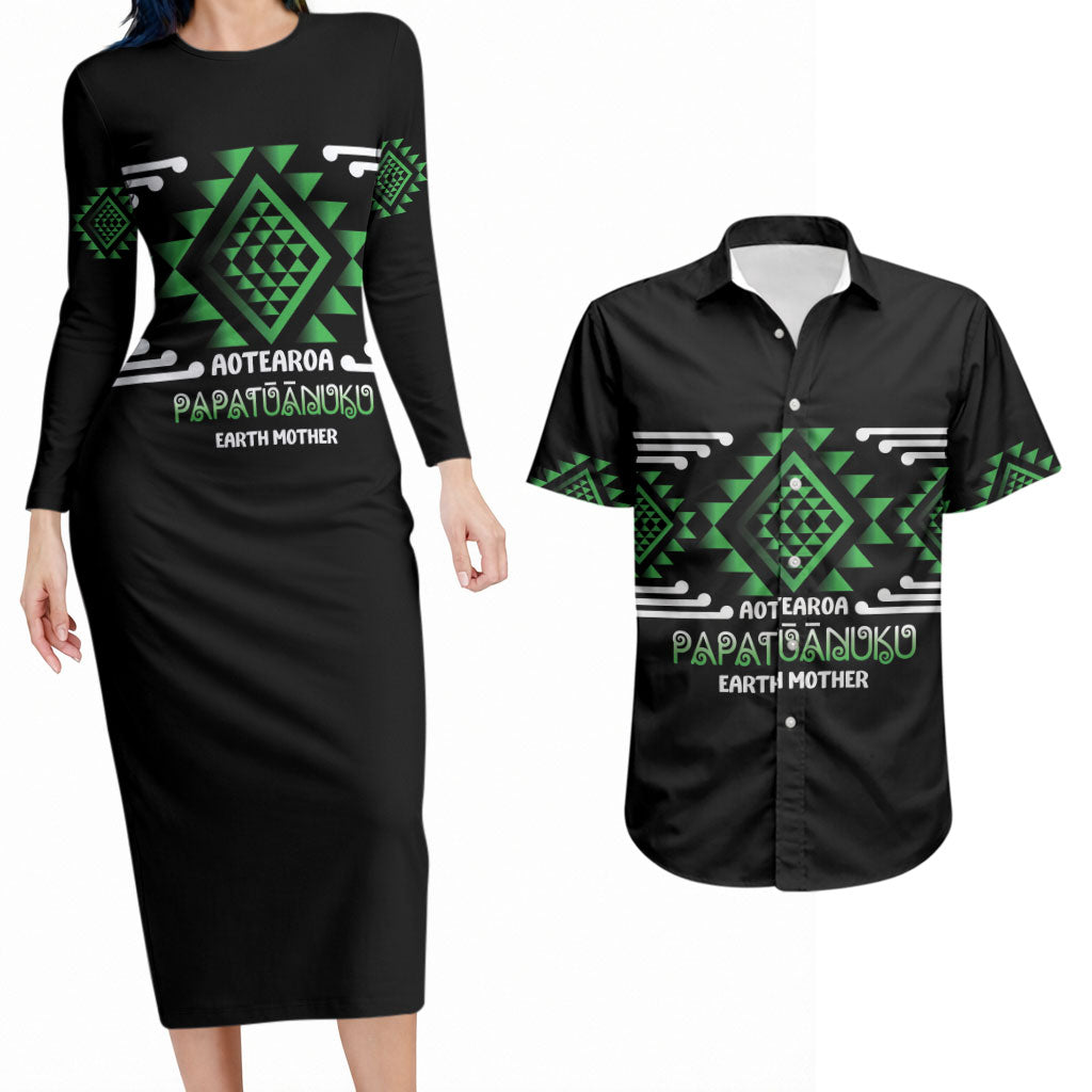 Aotearoa Atua Papatuanuku Personalised Couples Matching Long Sleeve Bodycon Dress and Hawaiian Shirt Maori Earth Mother Taniko Motifs LT14 Green - Polynesian Pride