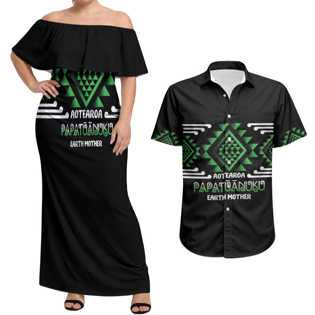 Aotearoa Atua Papatuanuku Personalised Couples Matching Off Shoulder Maxi Dress and Hawaiian Shirt Maori Earth Mother Taniko Motifs LT14 Green - Polynesian Pride