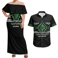 Aotearoa Atua Papatuanuku Personalised Couples Matching Off Shoulder Maxi Dress and Hawaiian Shirt Maori Earth Mother Taniko Motifs LT14 Green - Polynesian Pride