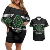 Aotearoa Atua Papatuanuku Personalised Couples Matching Off Shoulder Short Dress and Hawaiian Shirt Maori Earth Mother Taniko Motifs LT14 Green - Polynesian Pride