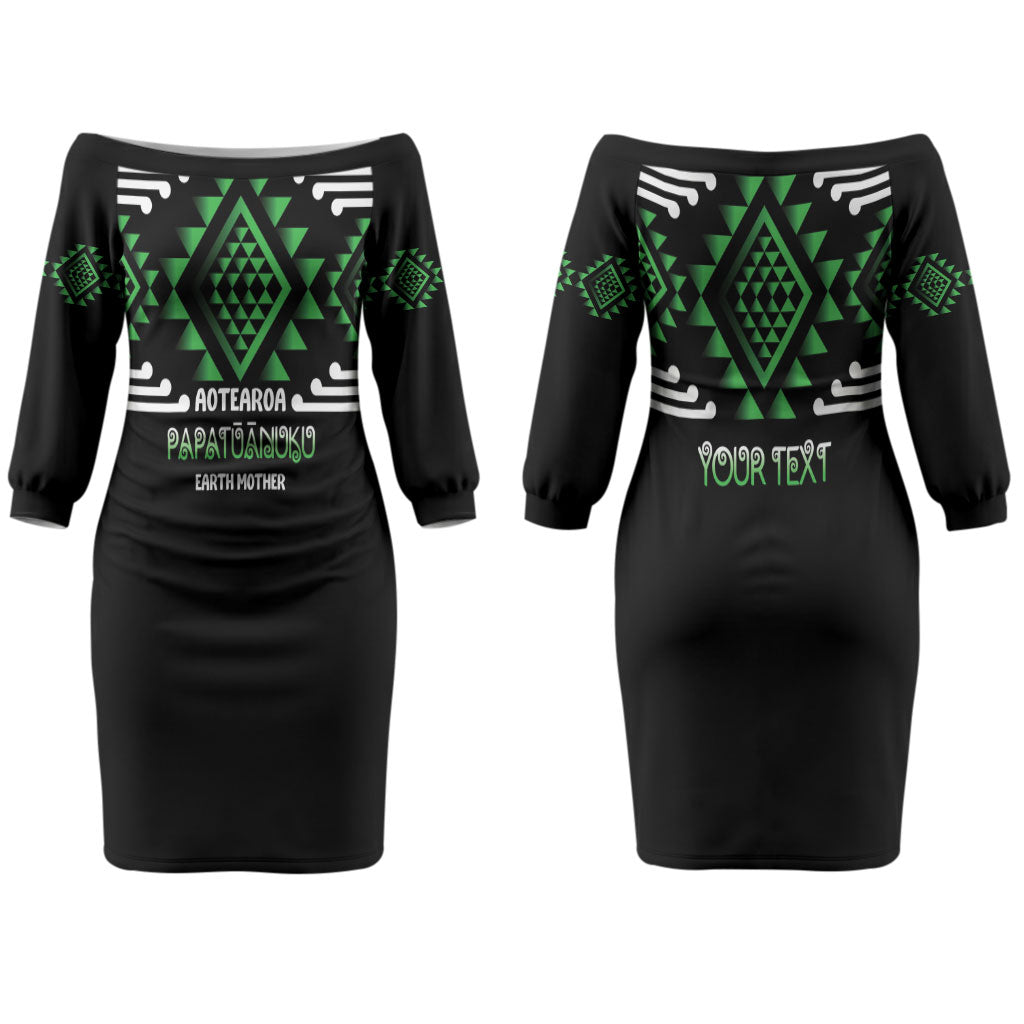 Aotearoa Atua Papatuanuku Personalised Couples Matching Off The Shoulder Long Sleeve Dress and Hawaiian Shirt Maori Earth Mother Taniko Motifs LT14 - Polynesian Pride