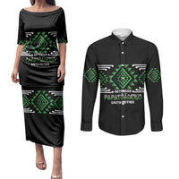 Aotearoa Atua Papatuanuku Personalised Couples Matching Puletasi and Long Sleeve Button Shirt Maori Earth Mother Taniko Motifs LT14 Green - Polynesian Pride