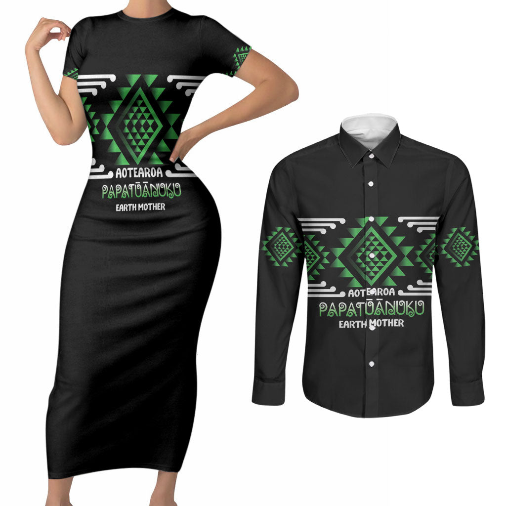 Aotearoa Atua Papatuanuku Personalised Couples Matching Short Sleeve Bodycon Dress and Long Sleeve Button Shirt Maori Earth Mother Taniko Motifs LT14 Green - Polynesian Pride