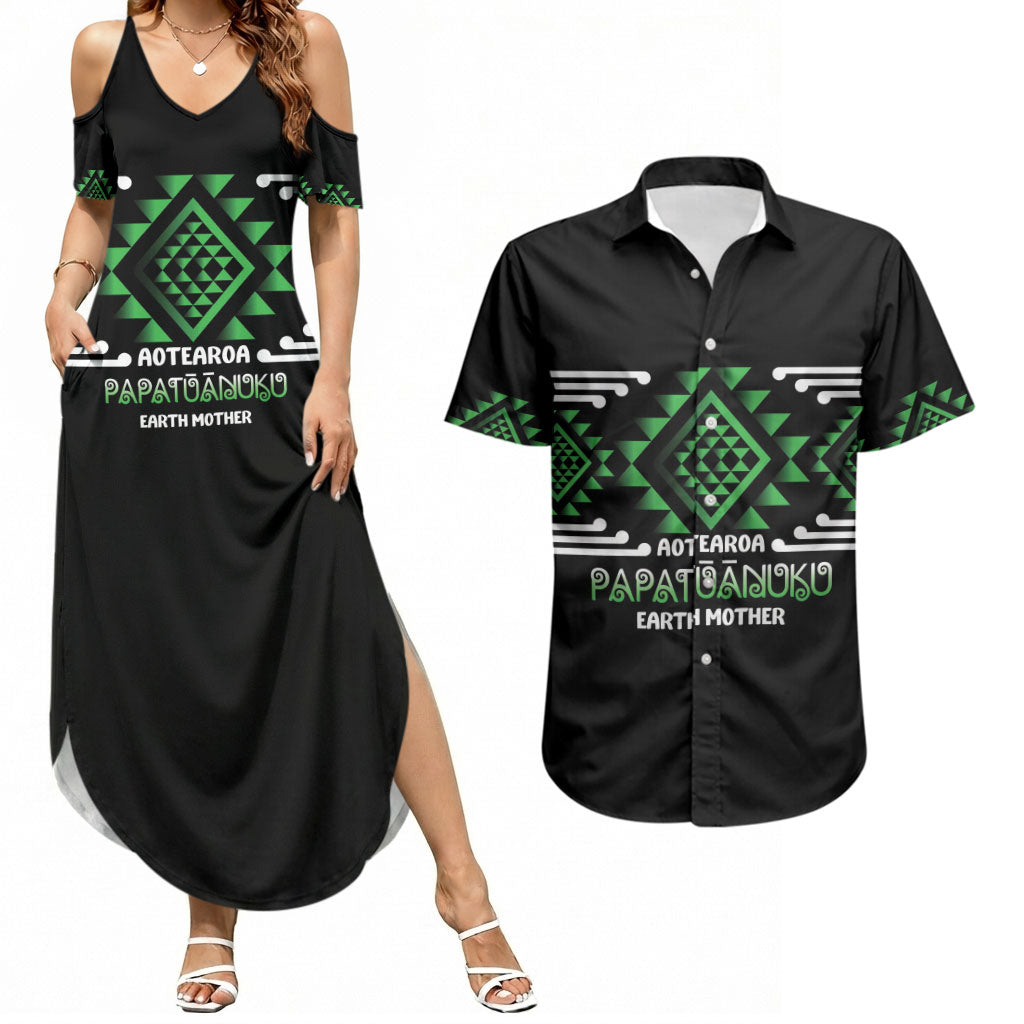 Aotearoa Atua Papatuanuku Personalised Couples Matching Summer Maxi Dress and Hawaiian Shirt Maori Earth Mother Taniko Motifs LT14 Green - Polynesian Pride