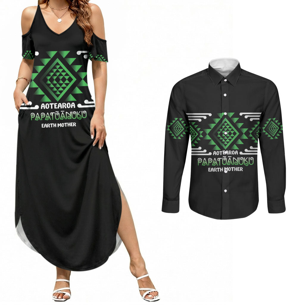 Aotearoa Atua Papatuanuku Personalised Couples Matching Summer Maxi Dress and Long Sleeve Button Shirt Maori Earth Mother Taniko Motifs LT14 Green - Polynesian Pride
