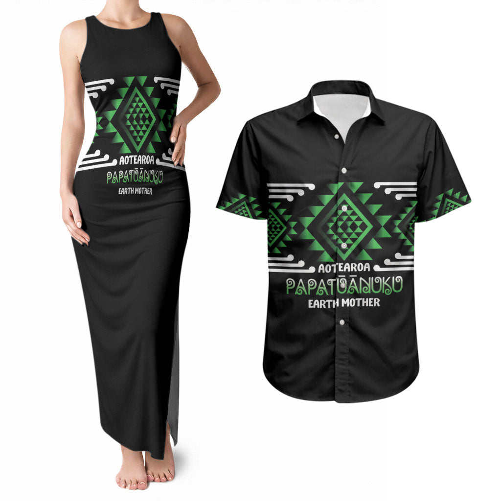 Aotearoa Atua Papatuanuku Personalised Couples Matching Tank Maxi Dress and Hawaiian Shirt Maori Earth Mother Taniko Motifs LT14 Green - Polynesian Pride