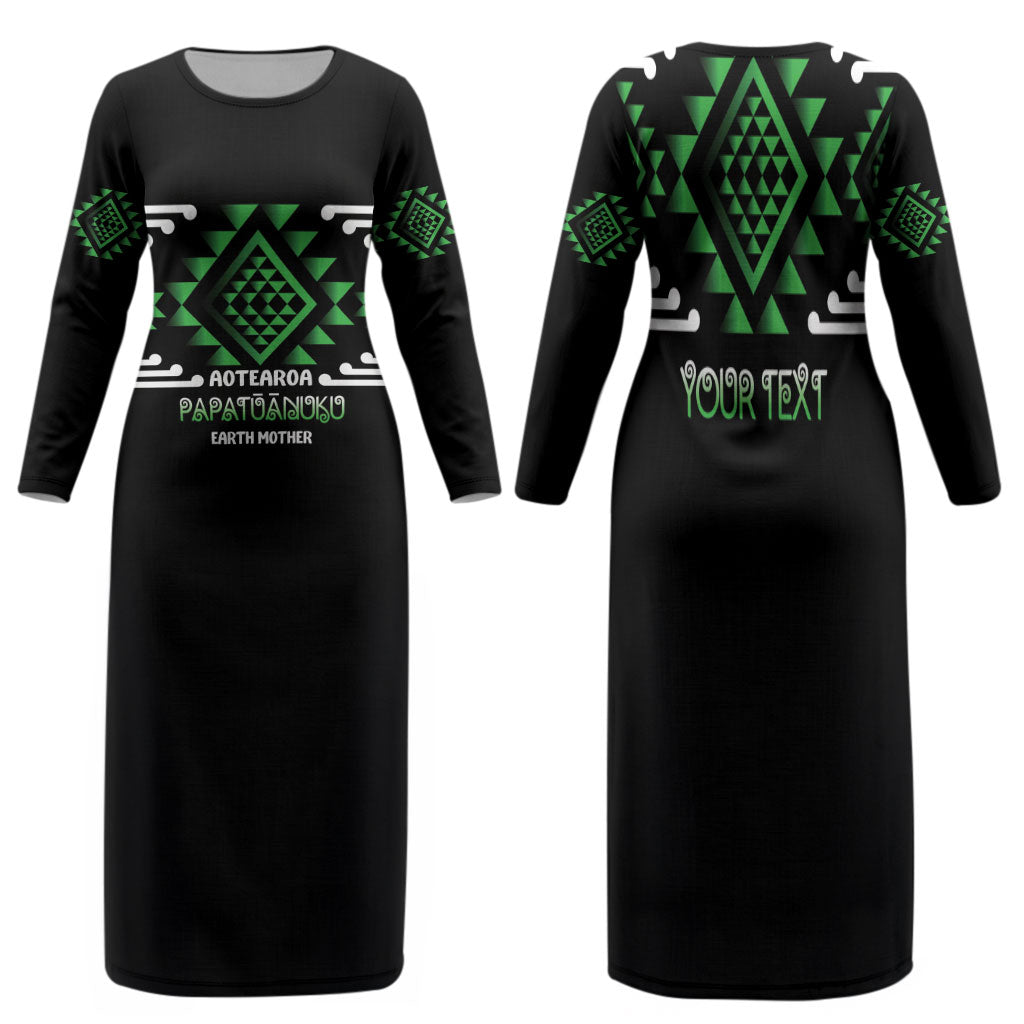 Aotearoa Atua Papatuanuku Personalised Family Matching Long Sleeve Bodycon Dress and Hawaiian Shirt Maori Earth Mother Taniko Motifs LT14 Mom's Dress Green - Polynesian Pride