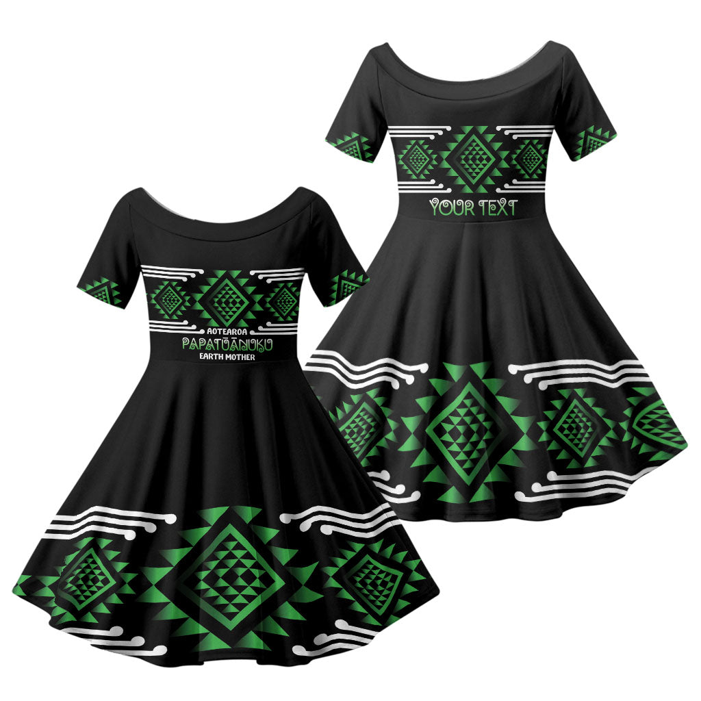 Aotearoa Atua Papatuanuku Personalised Family Matching Long Sleeve Bodycon Dress and Hawaiian Shirt Maori Earth Mother Taniko Motifs LT14 Daughter's Dress Green - Polynesian Pride