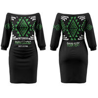 Aotearoa Atua Papatuanuku Personalised Family Matching Off The Shoulder Long Sleeve Dress and Hawaiian Shirt Maori Earth Mother Taniko Motifs LT14 Mom's Dress Green - Polynesian Pride