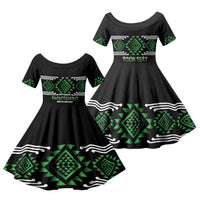 Aotearoa Atua Papatuanuku Personalised Family Matching Off The Shoulder Long Sleeve Dress and Hawaiian Shirt Maori Earth Mother Taniko Motifs LT14 Daughter's Dress Green - Polynesian Pride