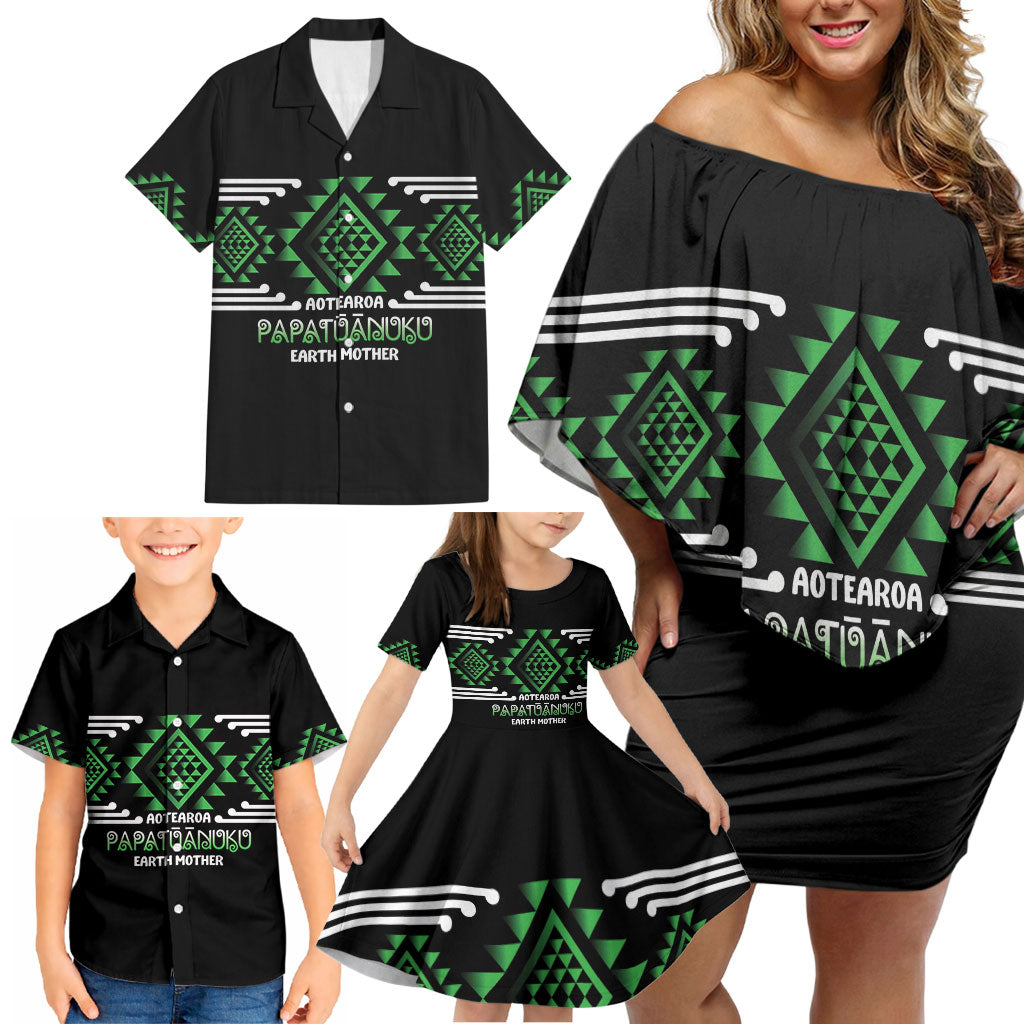 Aotearoa Atua Papatuanuku Personalised Family Matching Off Shoulder Short Dress and Hawaiian Shirt Maori Earth Mother Taniko Motifs LT14 - Polynesian Pride