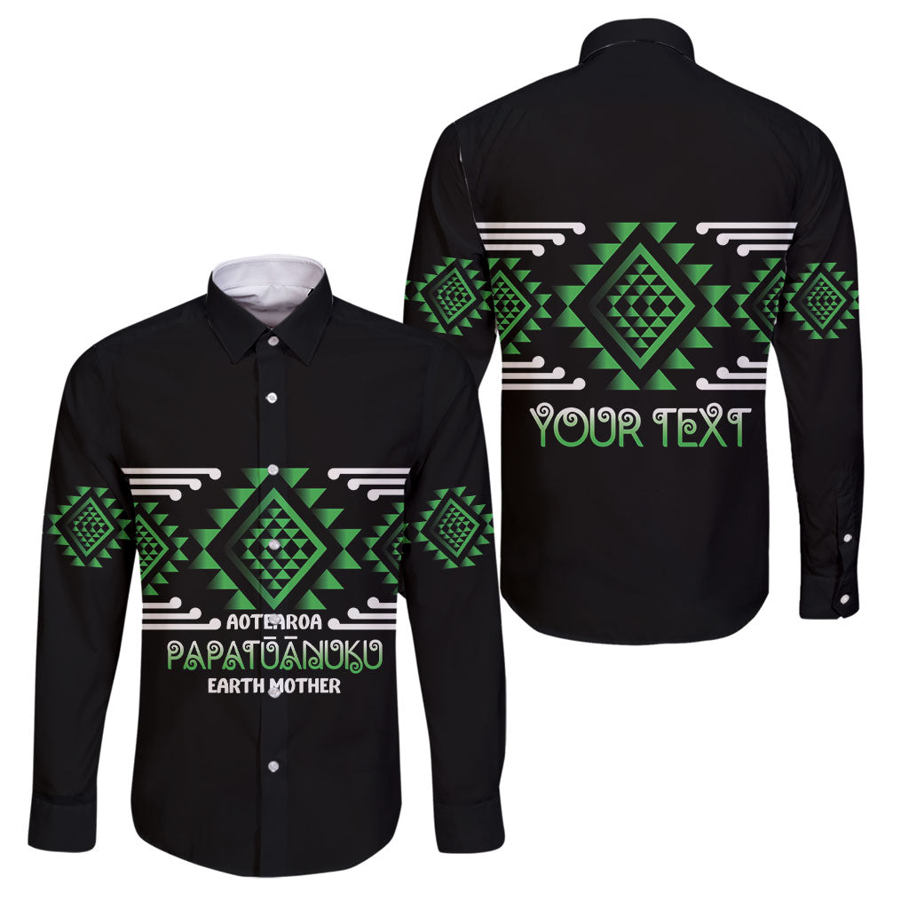 Aotearoa Atua Papatuanuku Personalised Family Matching Off Shoulder Short Dress and Hawaiian Shirt Maori Earth Mother Taniko Motifs LT14 Dad's Shirt - Long Sleeve Green - Polynesian Pride