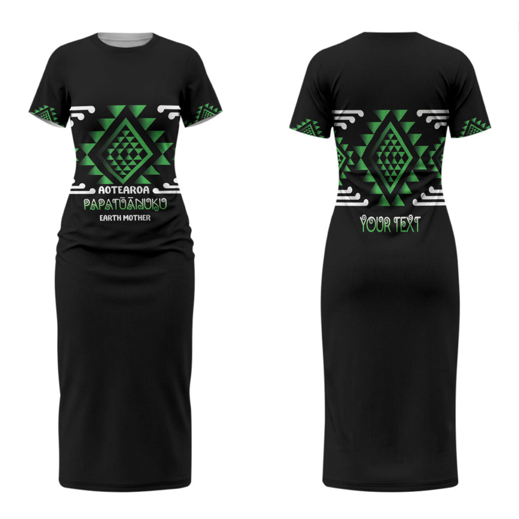 Aotearoa Atua Papatuanuku Personalised Family Matching Short Sleeve Bodycon Dress and Hawaiian Shirt Maori Earth Mother Taniko Motifs LT14 Mom's Dress Green - Polynesian Pride
