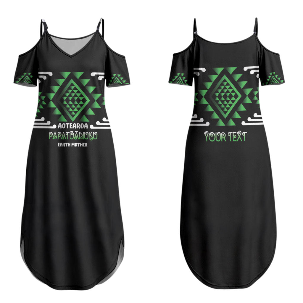 Aotearoa Atua Papatuanuku Personalised Family Matching Summer Maxi Dress and Hawaiian Shirt Maori Earth Mother Taniko Motifs LT14 Mom's Dress Green - Polynesian Pride