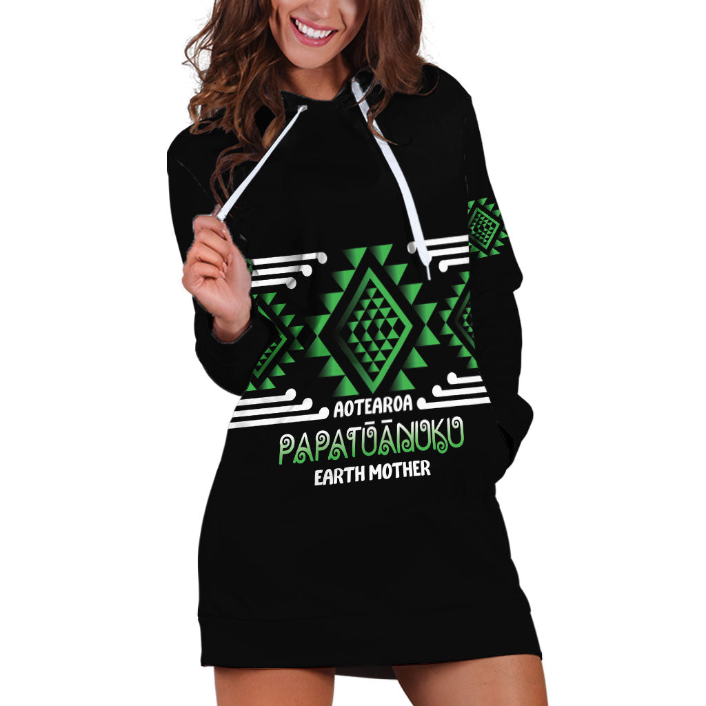 Aotearoa Atua Papatuanuku Personalised Hoodie Dress Maori Earth Mother Taniko Motifs LT14 Green - Polynesian Pride