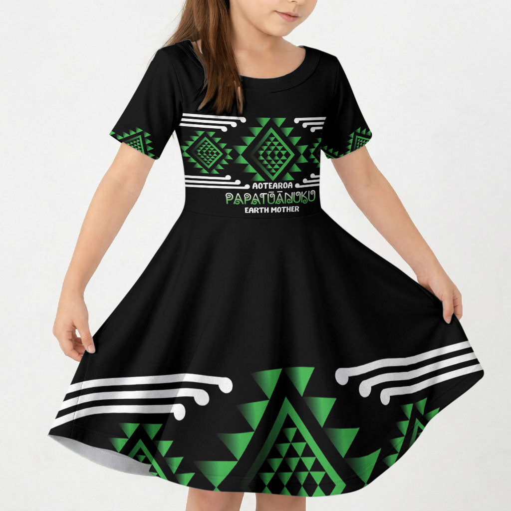 Aotearoa Atua Papatuanuku Personalised Kid Short Sleeve Dress Maori Earth Mother Taniko Motifs LT14 KID Green - Polynesian Pride