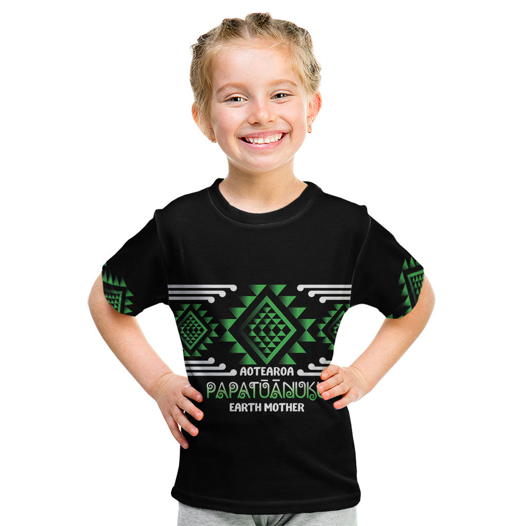 Aotearoa Atua Papatuanuku Personalised Kid T Shirt Maori Earth Mother Taniko Motifs LT14 Green - Polynesian Pride