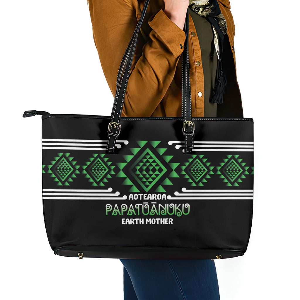 Aotearoa Atua Papatuanuku Leather Tote Bag Maori Earth Mother Taniko Motifs LT14 - Polynesian Pride
