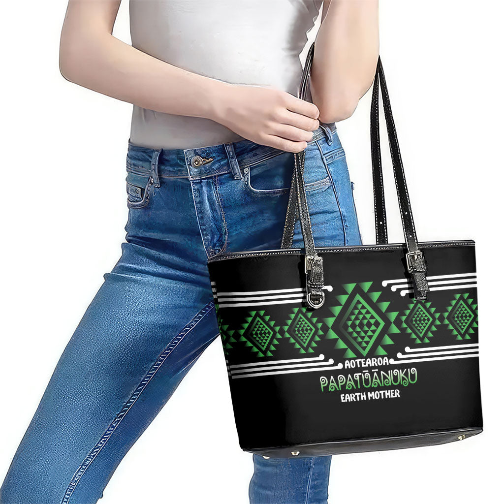 Aotearoa Atua Papatuanuku Leather Tote Bag Maori Earth Mother Taniko Motifs LT14 - Polynesian Pride