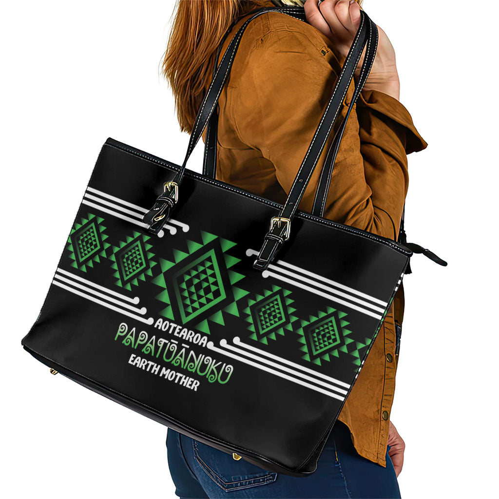 Aotearoa Atua Papatuanuku Leather Tote Bag Maori Earth Mother Taniko Motifs LT14 - Polynesian Pride
