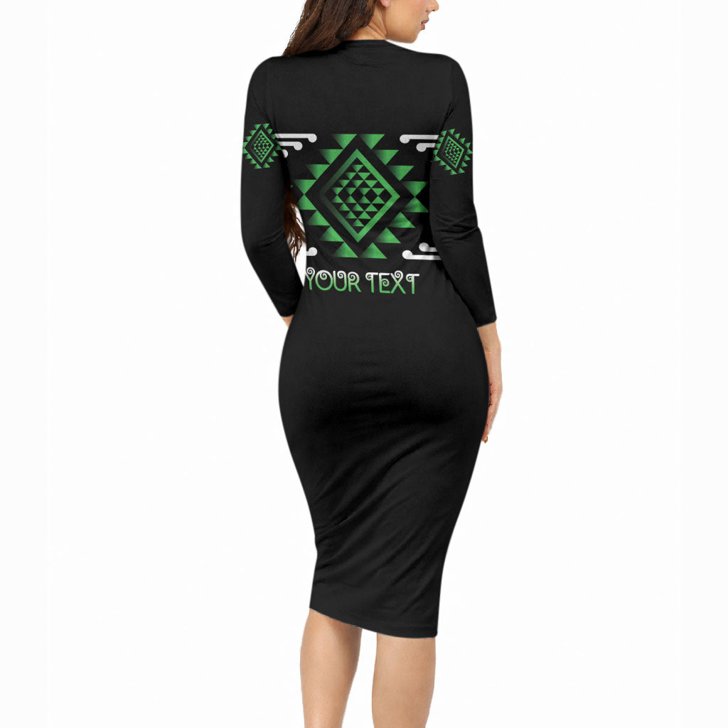 Aotearoa Atua Papatuanuku Personalised Long Sleeve Bodycon Dress Maori Earth Mother Taniko Motifs LT14 - Polynesian Pride