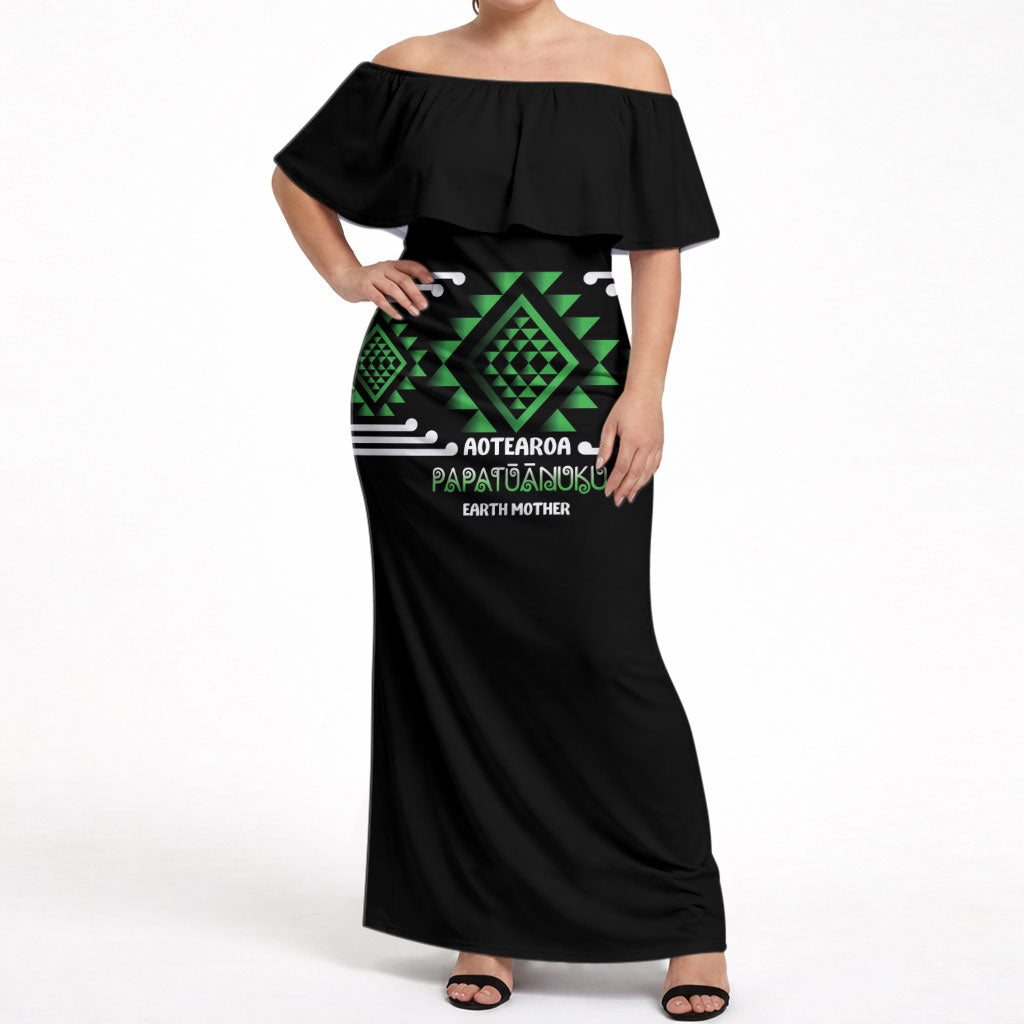 Aotearoa Atua Papatuanuku Personalised Off Shoulder Maxi Dress Maori Earth Mother Taniko Motifs LT14 Women Green - Polynesian Pride