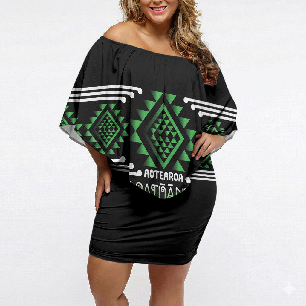 Aotearoa Atua Papatuanuku Personalised Off Shoulder Short Dress Maori Earth Mother Taniko Motifs LT14 Women Green - Polynesian Pride
