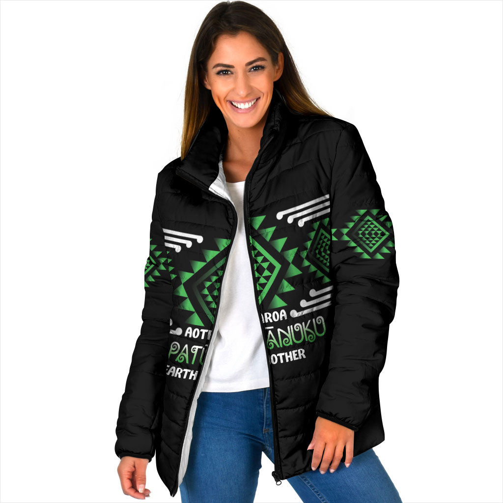 Aotearoa Atua Papatuanuku Personalised Padded Jacket Maori Earth Mother Taniko Motifs LT14 Women Green - Polynesian Pride