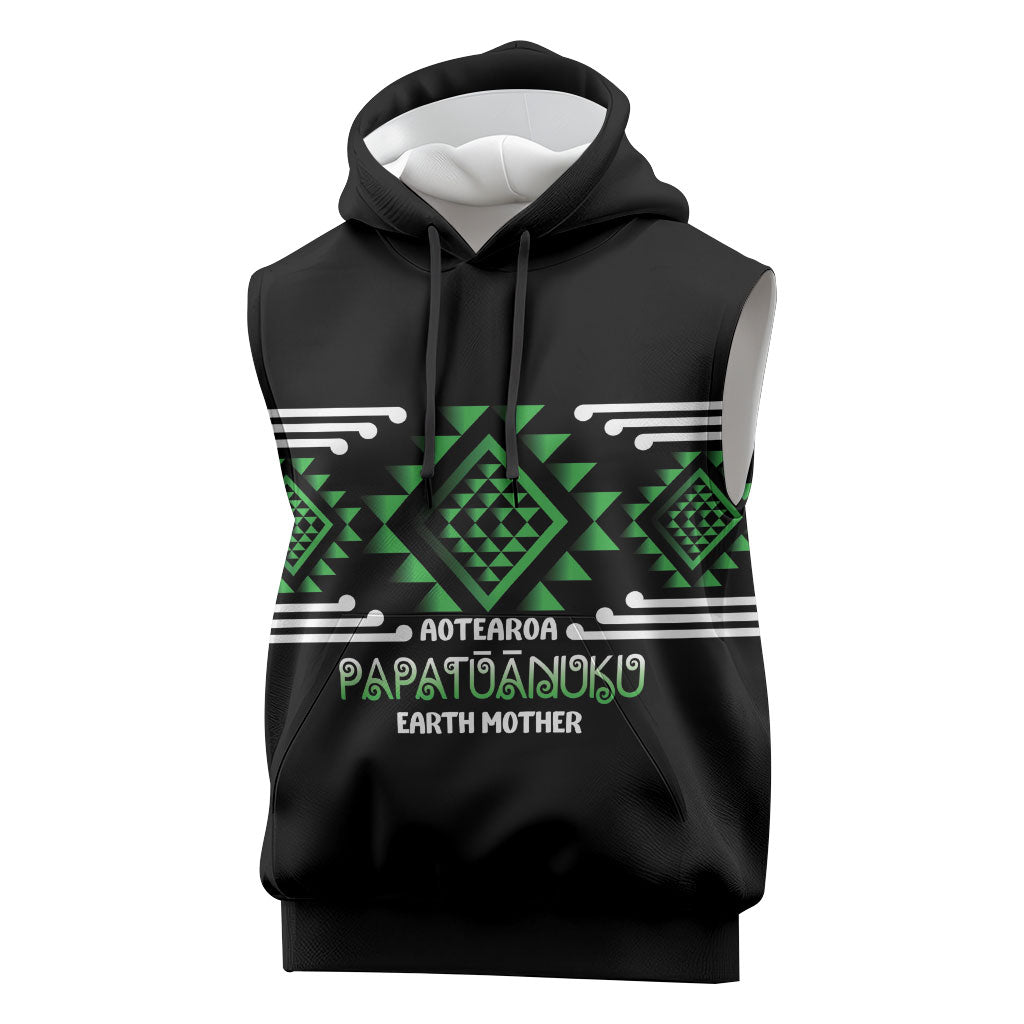 Aotearoa Atua Papatuanuku Personalised Sleeveless Hoodie Maori Earth Mother Taniko Motifs LT14 Green - Polynesian Pride