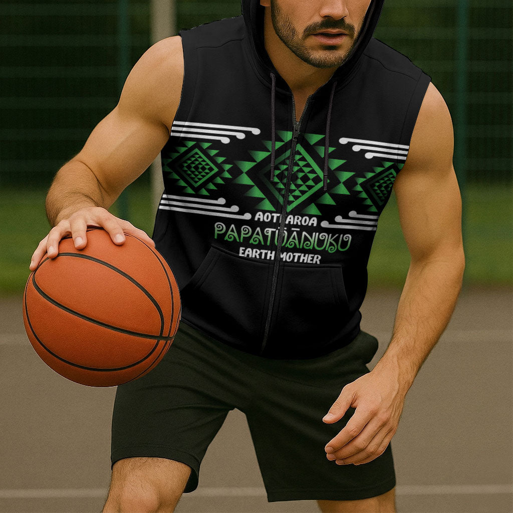 Aotearoa Atua Papatuanuku Personalised Sleeveless Zip Hoodie Maori Earth Mother Taniko Motifs LT14 - Polynesian Pride