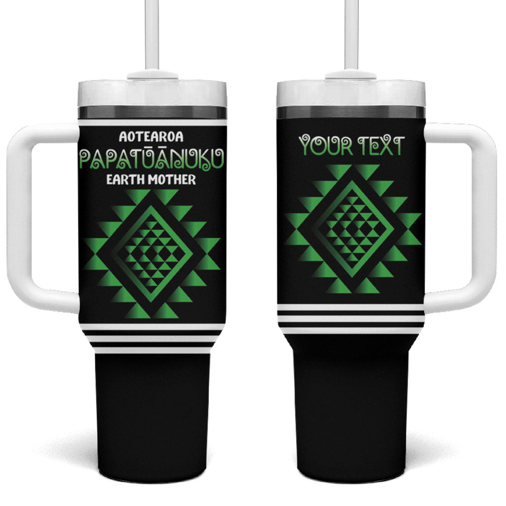 Aotearoa Atua Papatuanuku Personalised Tumbler With Handle Maori Earth Mother Taniko Motifs LT14 One Size: 40 oz Green - Polynesian Pride