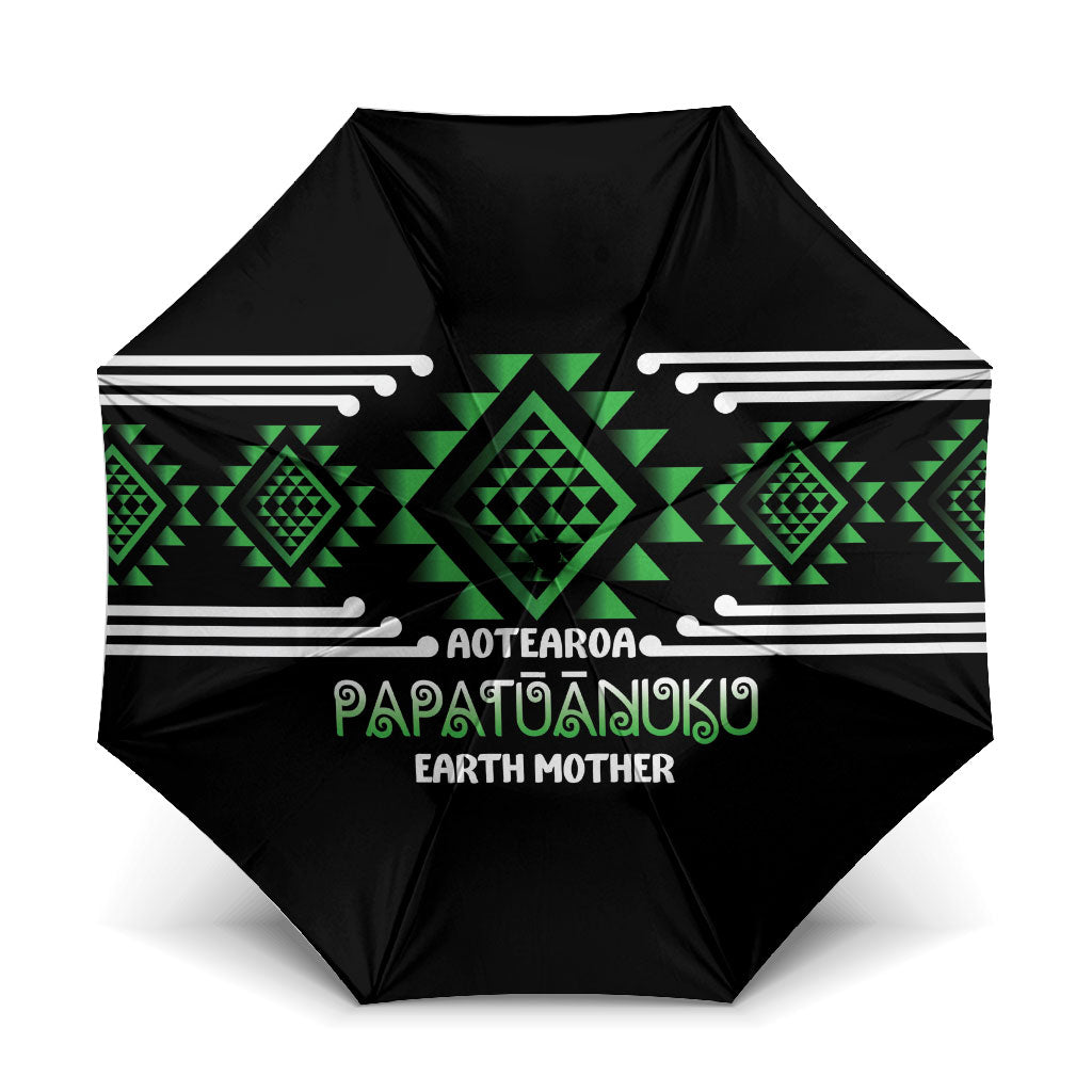 Aotearoa Atua Papatuanuku Umbrella Maori Earth Mother Taniko Motifs LT14 One Size Folded 11.42 inch Opened Diameter 37.4 inch Green - Polynesian Pride
