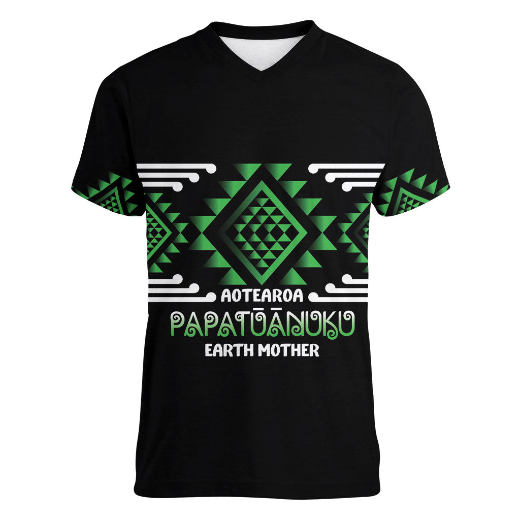 Aotearoa Atua Papatuanuku Personalised Women V-Neck T-Shirt Maori Earth Mother Taniko Motifs LT14 Female Green - Polynesian Pride