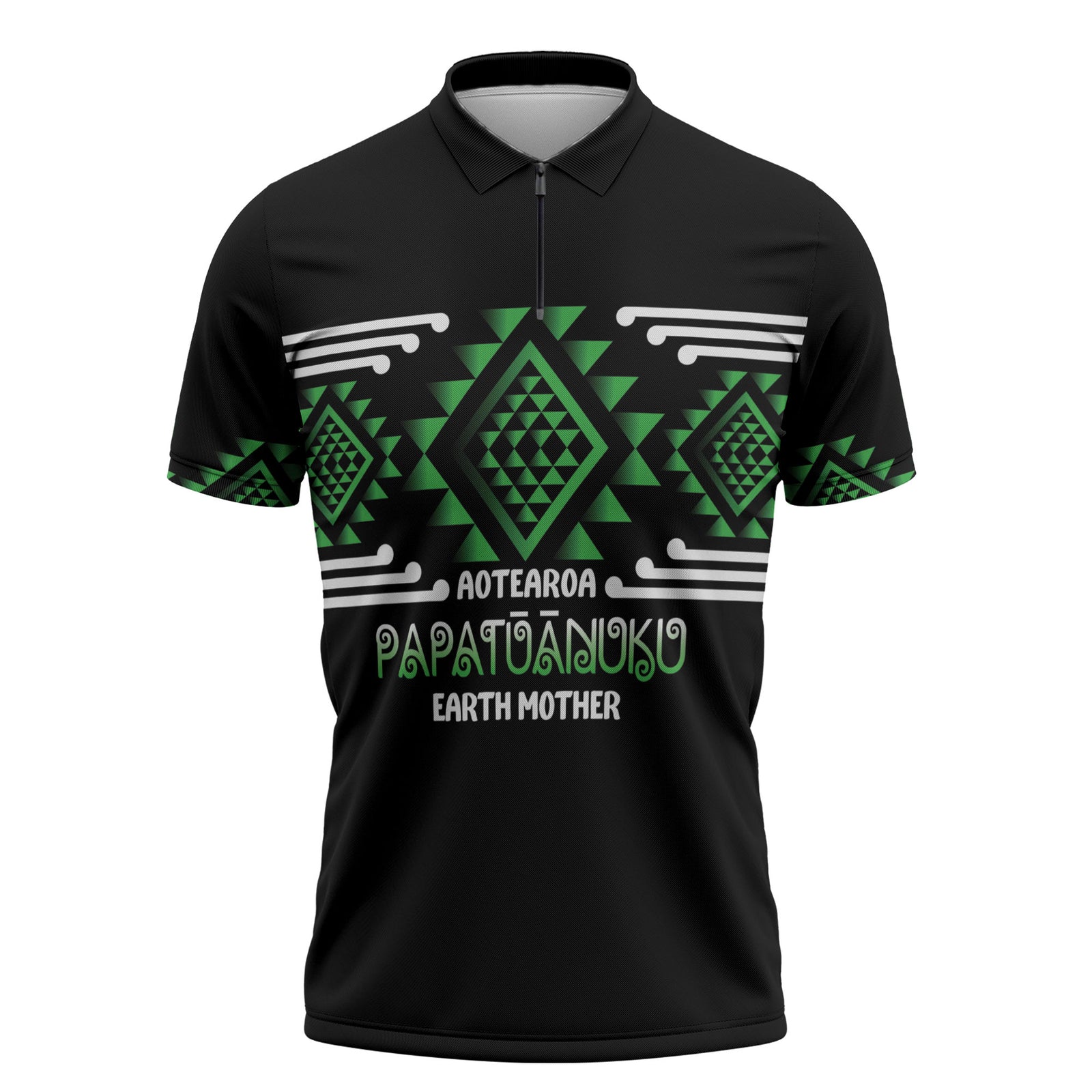 Aotearoa Atua Papatuanuku Personalised Zipper Polo Shirt Maori Earth Mother Taniko Motifs LT14 Green - Polynesian Pride