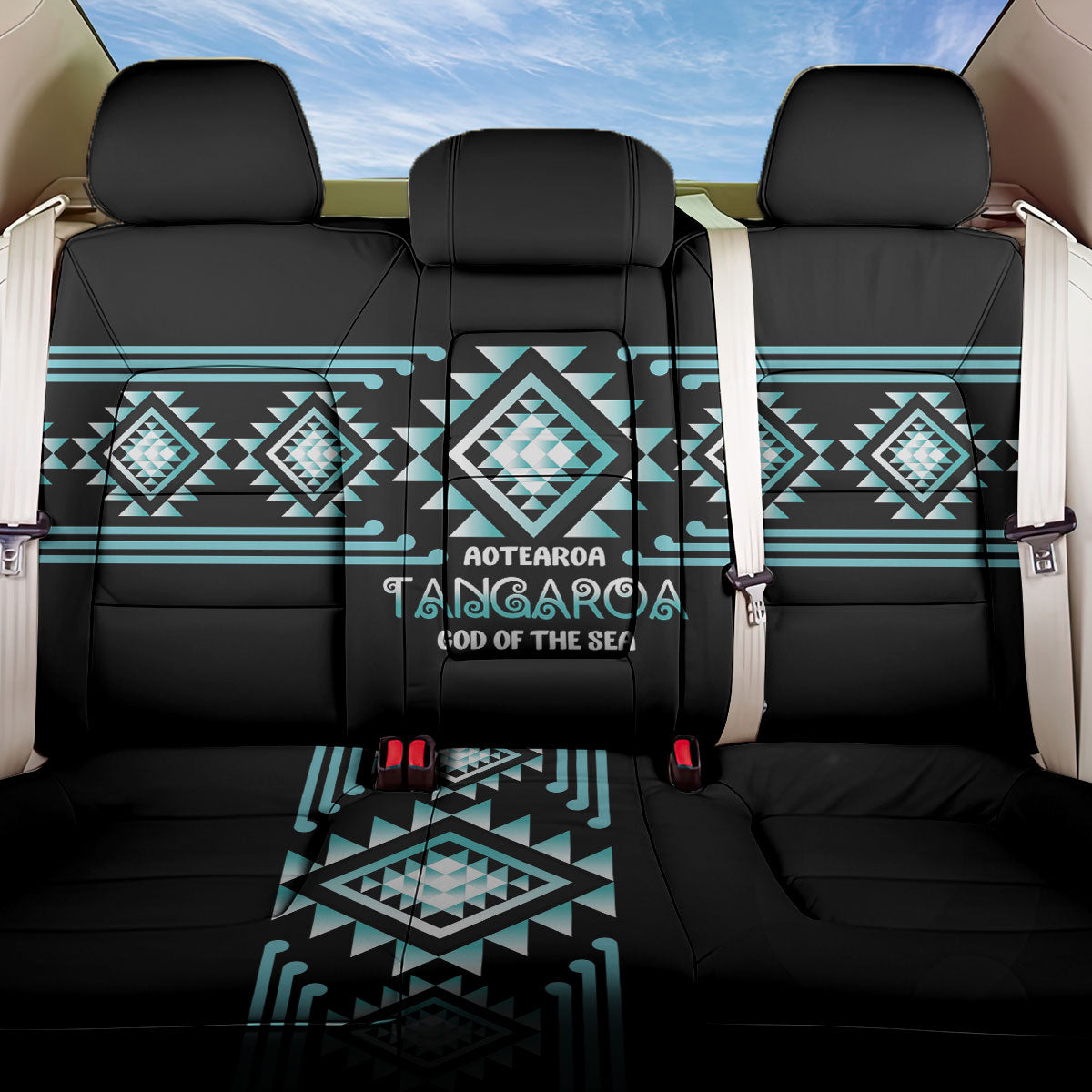 Aotearoa Atua Tangaroa Back Car Seat Cover Maori God Of The Sea Taniko Motifs LT14 One Size Turquoise - Polynesian Pride