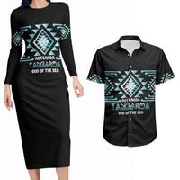 Aotearoa Atua Tangaroa Personalised Couples Matching Long Sleeve Bodycon Dress and Hawaiian Shirt Maori God Of The Sea Taniko Motifs LT14 Turquoise - Polynesian Pride