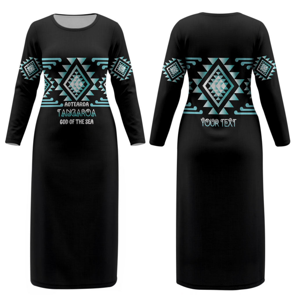 Aotearoa Atua Tangaroa Personalised Couples Matching Long Sleeve Bodycon Dress and Hawaiian Shirt Maori God Of The Sea Taniko Motifs LT14 - Polynesian Pride