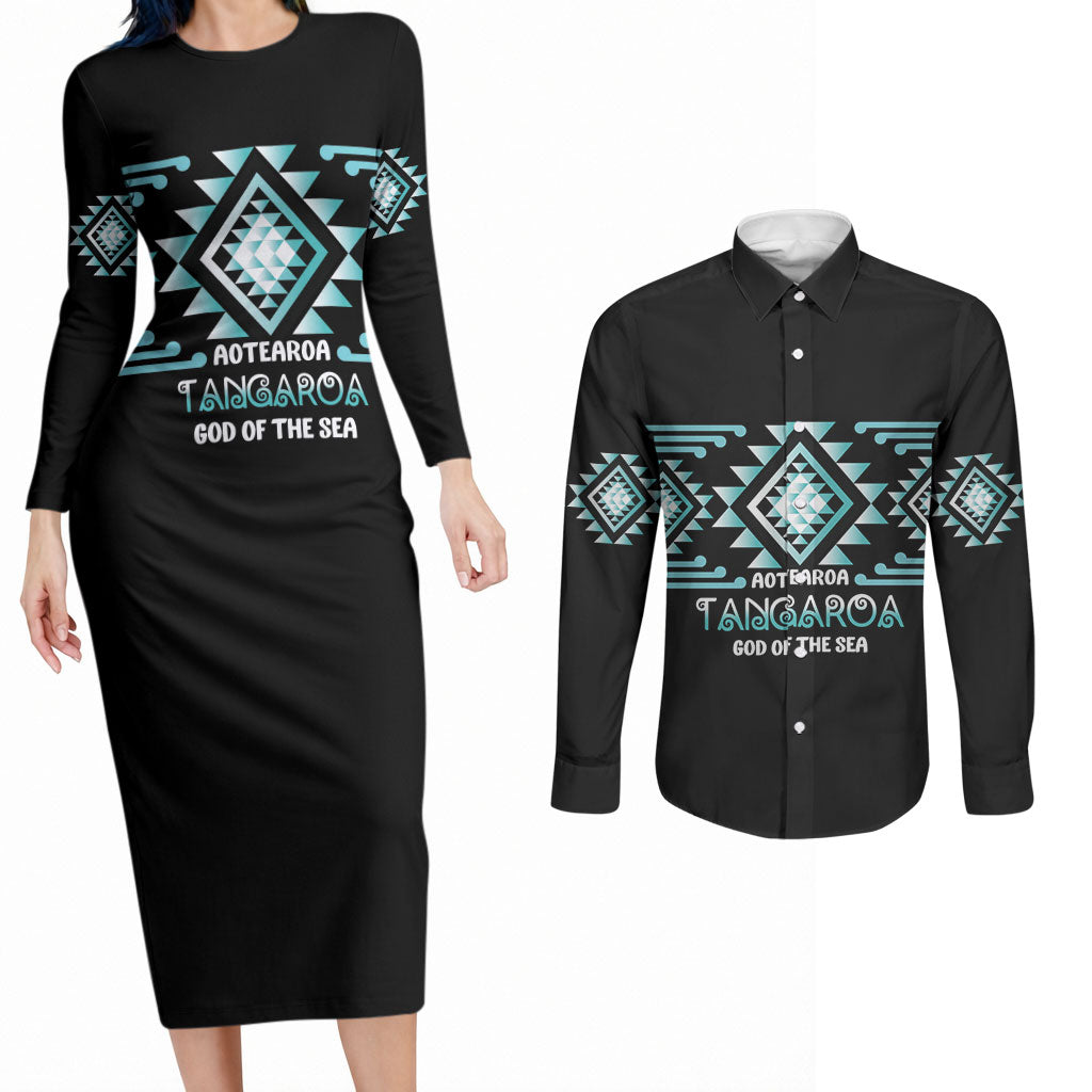 Aotearoa Atua Tangaroa Personalised Couples Matching Long Sleeve Bodycon Dress and Long Sleeve Button Shirt Maori God Of The Sea Taniko Motifs LT14 Turquoise - Polynesian Pride