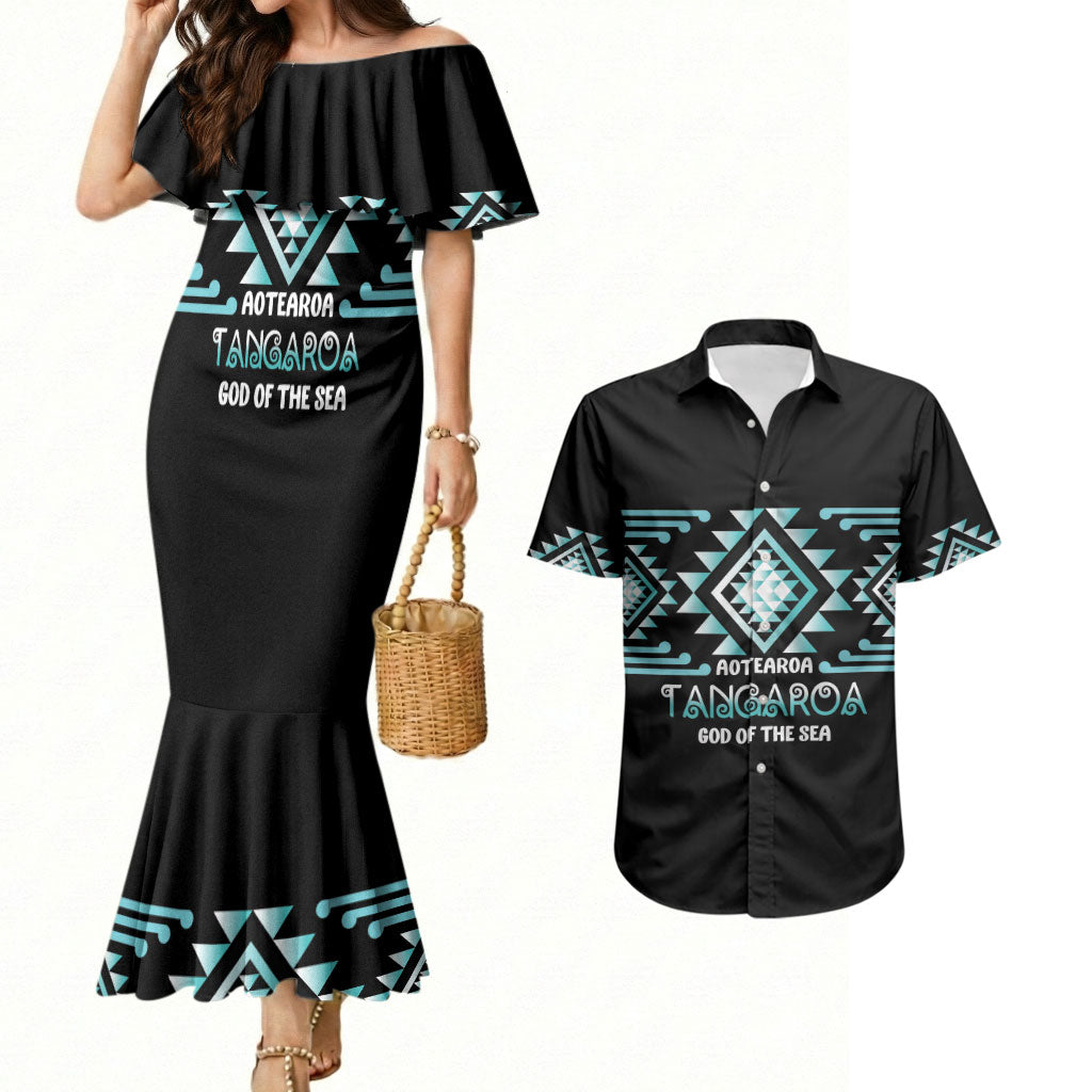 Aotearoa Atua Tangaroa Personalised Couples Matching Mermaid Dress and Hawaiian Shirt Maori God Of The Sea Taniko Motifs LT14 Turquoise - Polynesian Pride