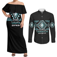 Aotearoa Atua Tangaroa Personalised Couples Matching Off Shoulder Maxi Dress and Long Sleeve Button Shirt Maori God Of The Sea Taniko Motifs LT14 Turquoise - Polynesian Pride